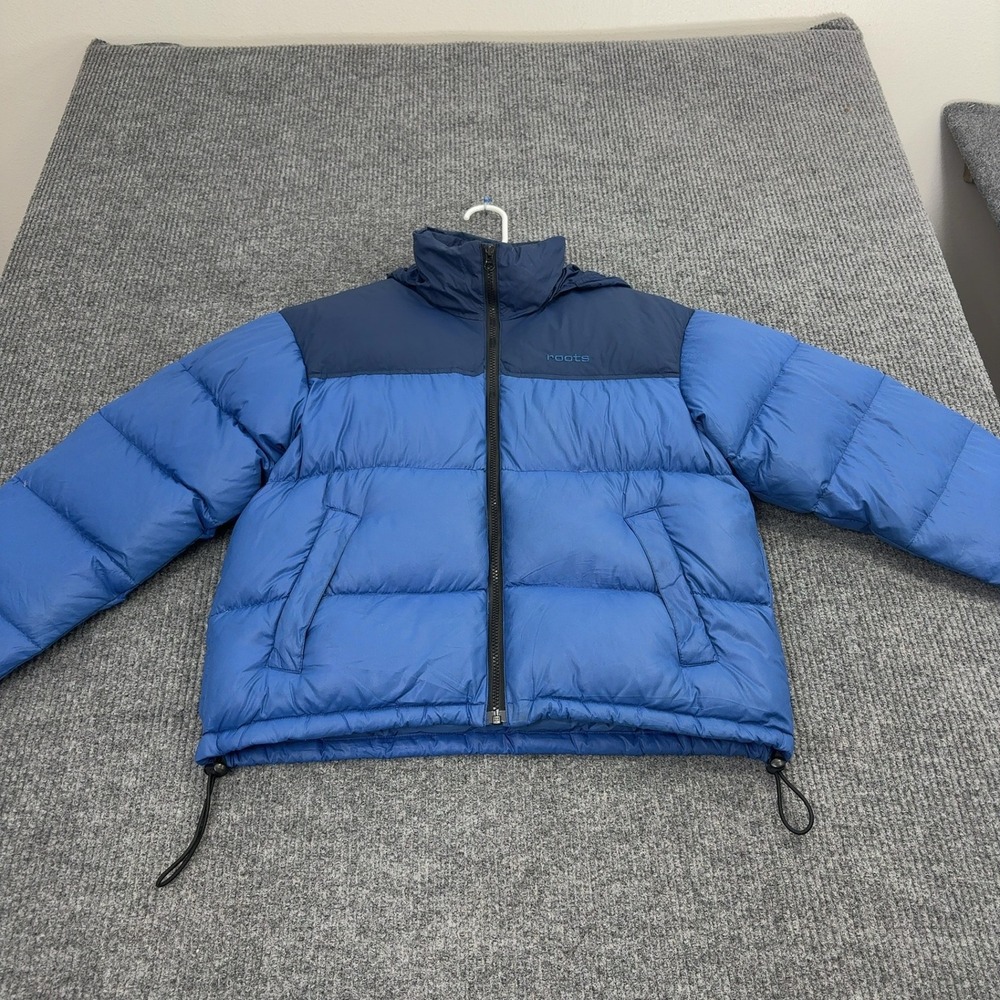 Roots Puffer Jacket‎ Mens L Blue Nylon Down Fill Colorblock Winter Gorpcore